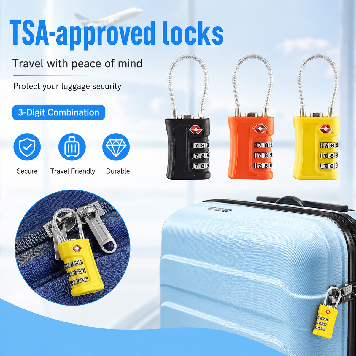 Home Improvement And Hardware - TSA ได้รับการอนุมัติสำหรับล็อคกระเป๋าเดินทาง 3 หลัก รหัสผ่านแบบสายเคเบิลสำหรับกระเป๋าเดินทาง กระเป๋าเดินทาง